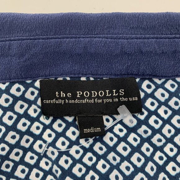 The Podolls Size Medium Top Silk Blouse V Neck Short Dolman Sleeve Blue White - Picture 3 of 4